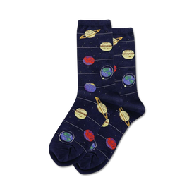 women's dark blue and white striped crew socks with glow-in-the-dark planets.  