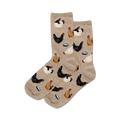 Pair of crew socks, beige and light blue, with a repeating pattern of chickens eating from bowls.