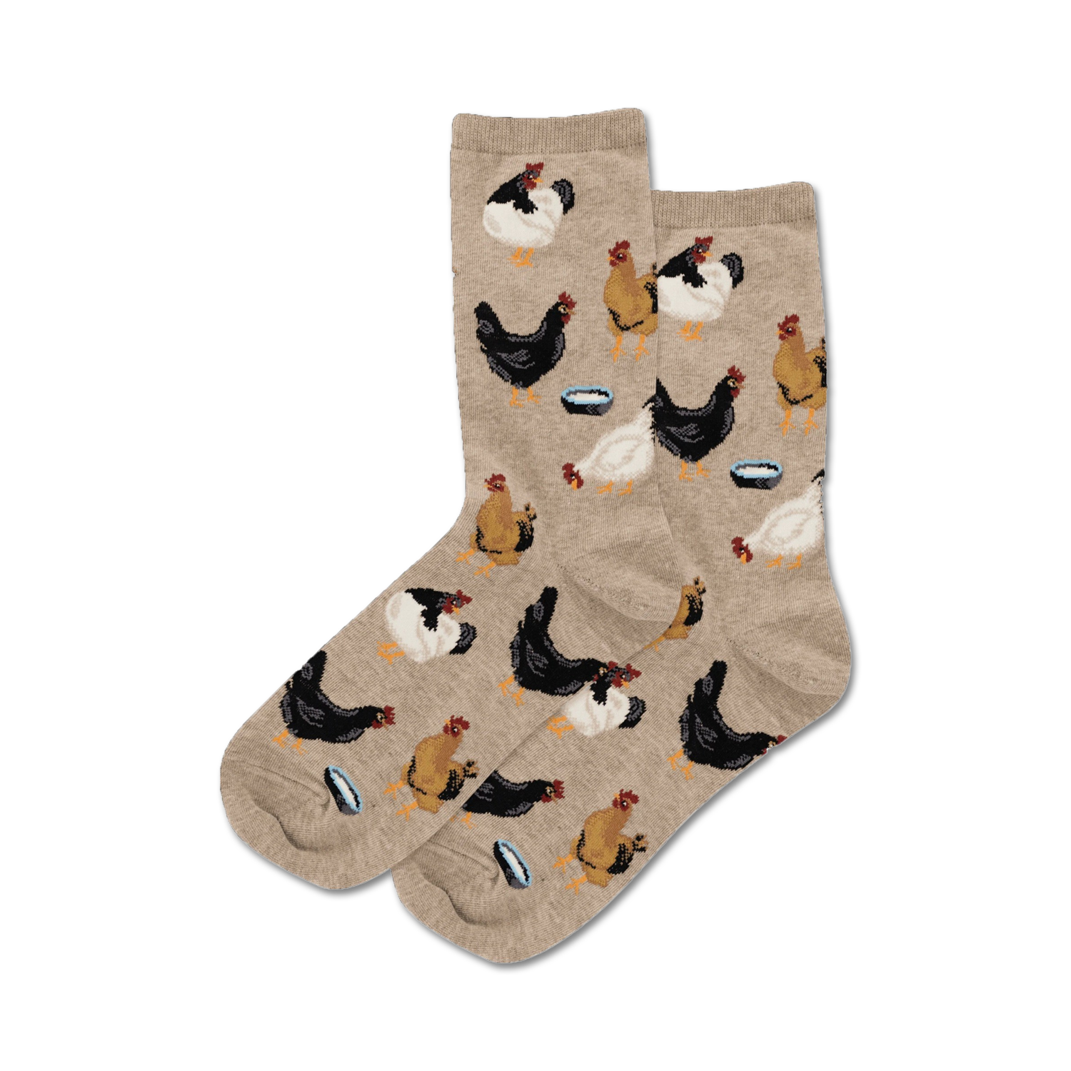 Pair of crew socks, beige and light blue, with a repeating pattern of chickens eating from bowls.