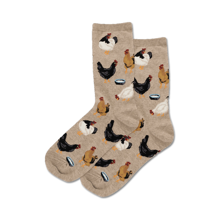women's light tan crew socks with black, brown, white, and blue chickens.   