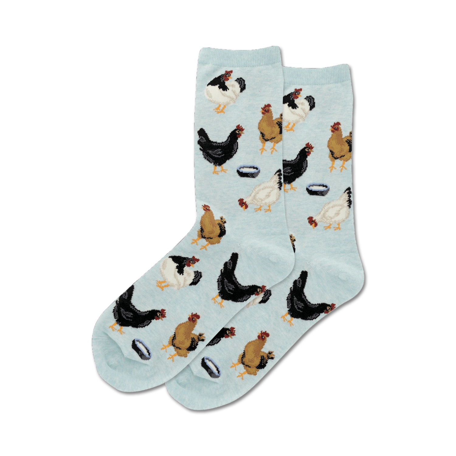 Lifestyle shot of a person's feet wearing the light blue 'Feeding Chickens' socks.