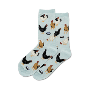 womens crew sock with graphic image of chickens designed for a casual fit.  