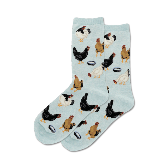 womens crew sock with graphic image of chickens designed for a casual fit.  