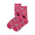 Pair of pink crew socks with a pattern of Dalmatian and black Labrador dogs.  The dogs are black and white, and the socks are a bright pink.