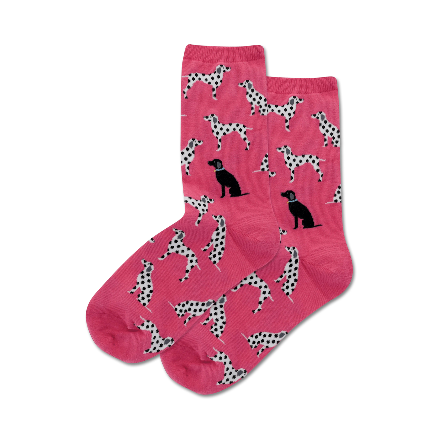 Pair of pink crew socks with a pattern of Dalmatian and black Labrador dogs.  The dogs are black and white, and the socks are a bright pink.