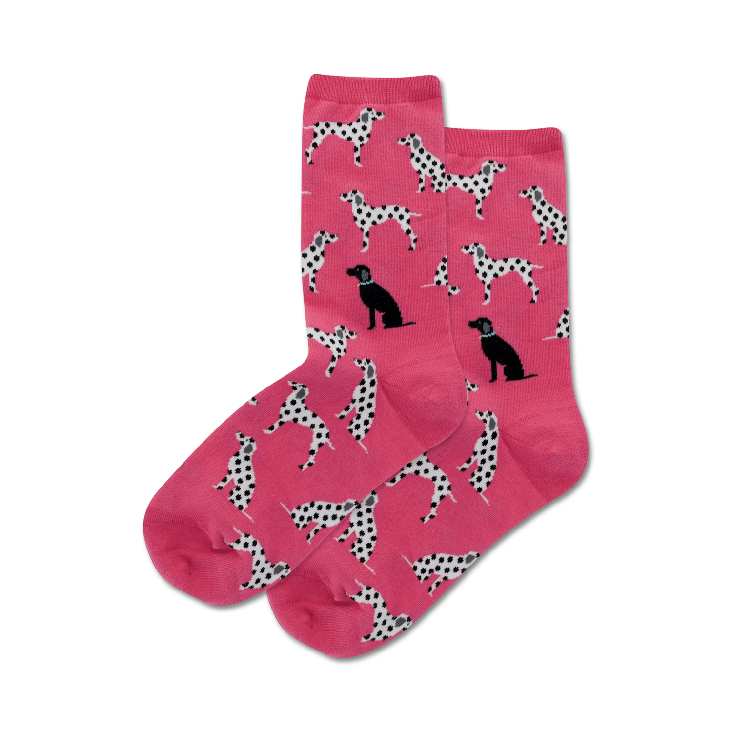 Pair of pink crew socks with a pattern of Dalmatian and black Labrador dogs.  The dogs are black and white, and the socks are a bright pink.
