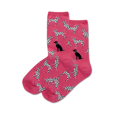 Pair of pink crew socks with a pattern of Dalmatian and black Labrador dogs.  The dogs are black and white, and the socks are a bright pink.
