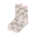 Pair of cream crew socks with a repeating pattern of black cat outlines in various poses. Simple, cute design.