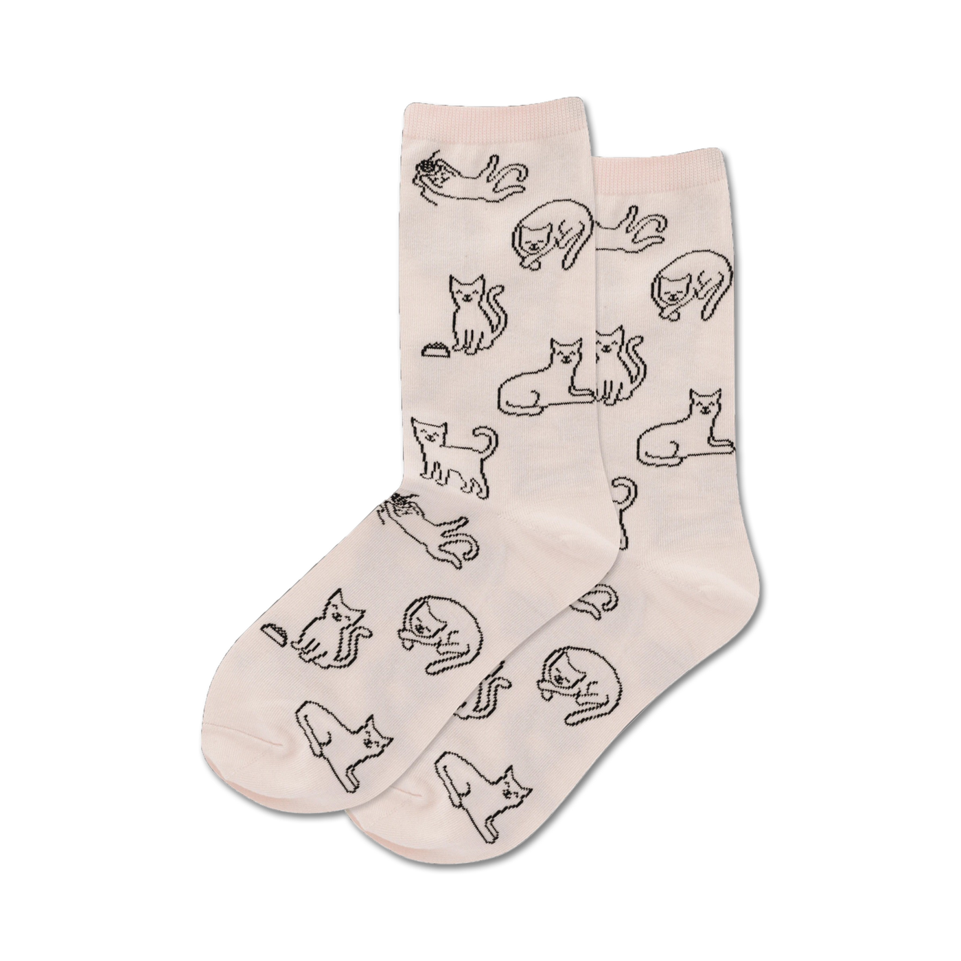 Pair of cream crew socks with a repeating pattern of black cat outlines in various poses. Simple, cute design.