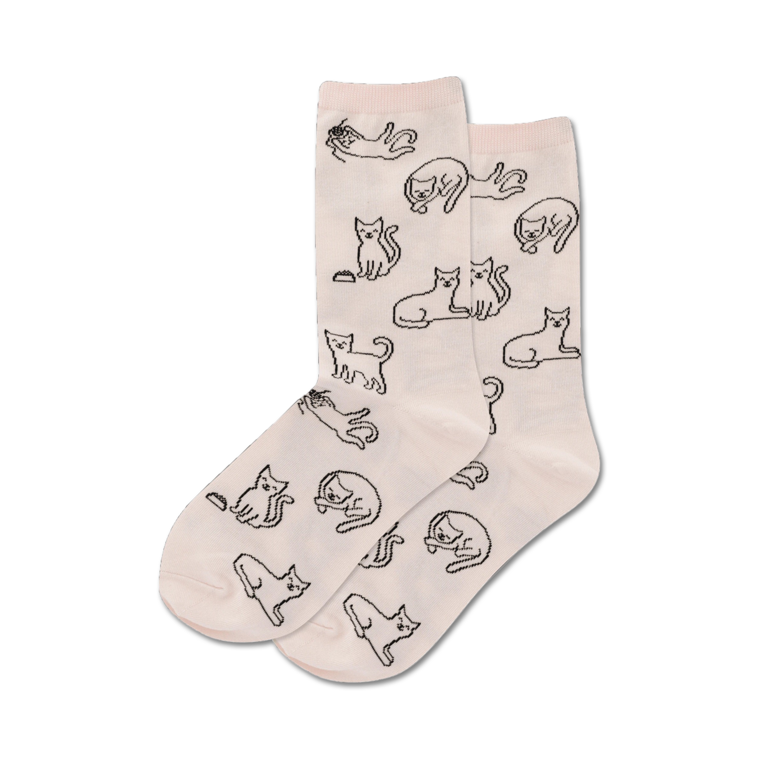Pair of cream crew socks with a repeating pattern of black cat outlines in various poses. Simple, cute design.