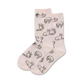 women's cat outline crew socks in vivid pink with black cat pattern.  