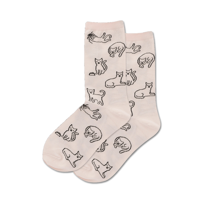 women's cat outline crew socks in vivid pink with black cat pattern.   }}