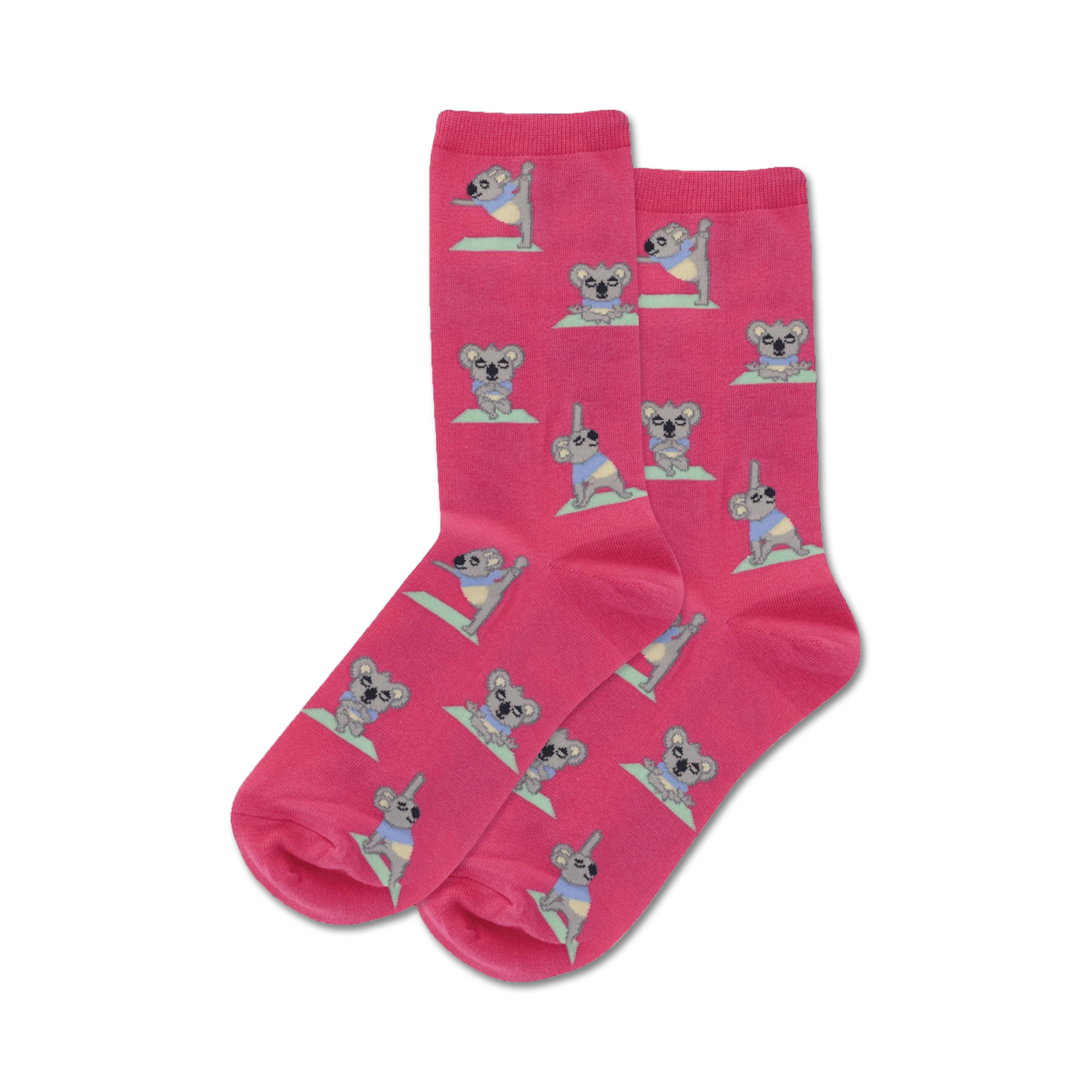 Pair of pink crew socks with a repeating pattern of koalas doing yoga. Koalas are gray and pastel colors.