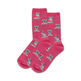 pink crew socks for women featuring a fun pattern of cartoon koalas doing yoga.   