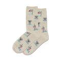 Close-up of beige crew socks featuring koalas practicing yoga.  The koalas have pastel accents.