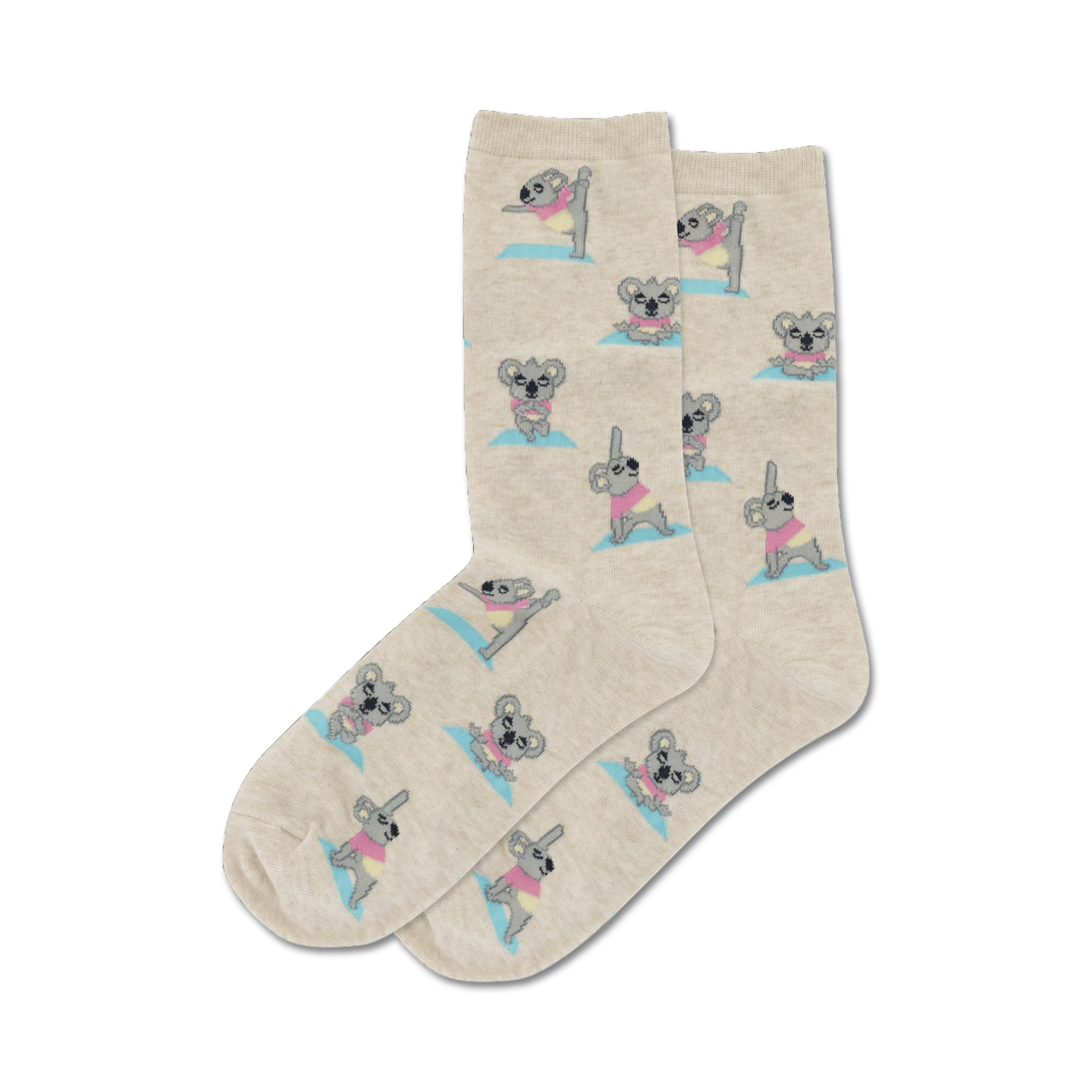 Close-up of beige crew socks featuring koalas practicing yoga.  The koalas have pastel accents.