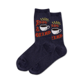 Pair of navy blue crew socks with a red and yellow 'Rise & Grind' design and coffee cup graphic.