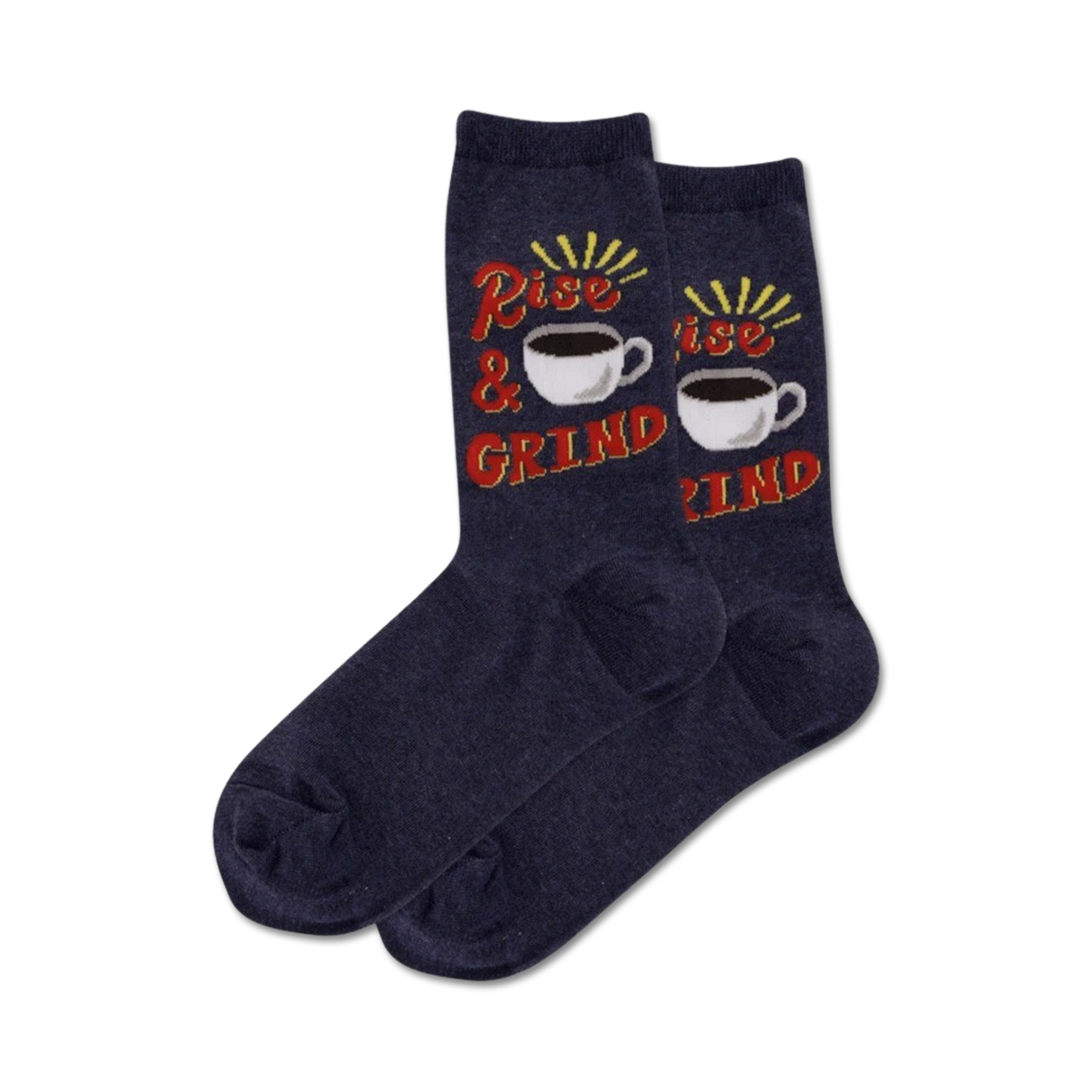 Pair of navy blue crew socks with a red and yellow 'Rise & Grind' design and coffee cup graphic.