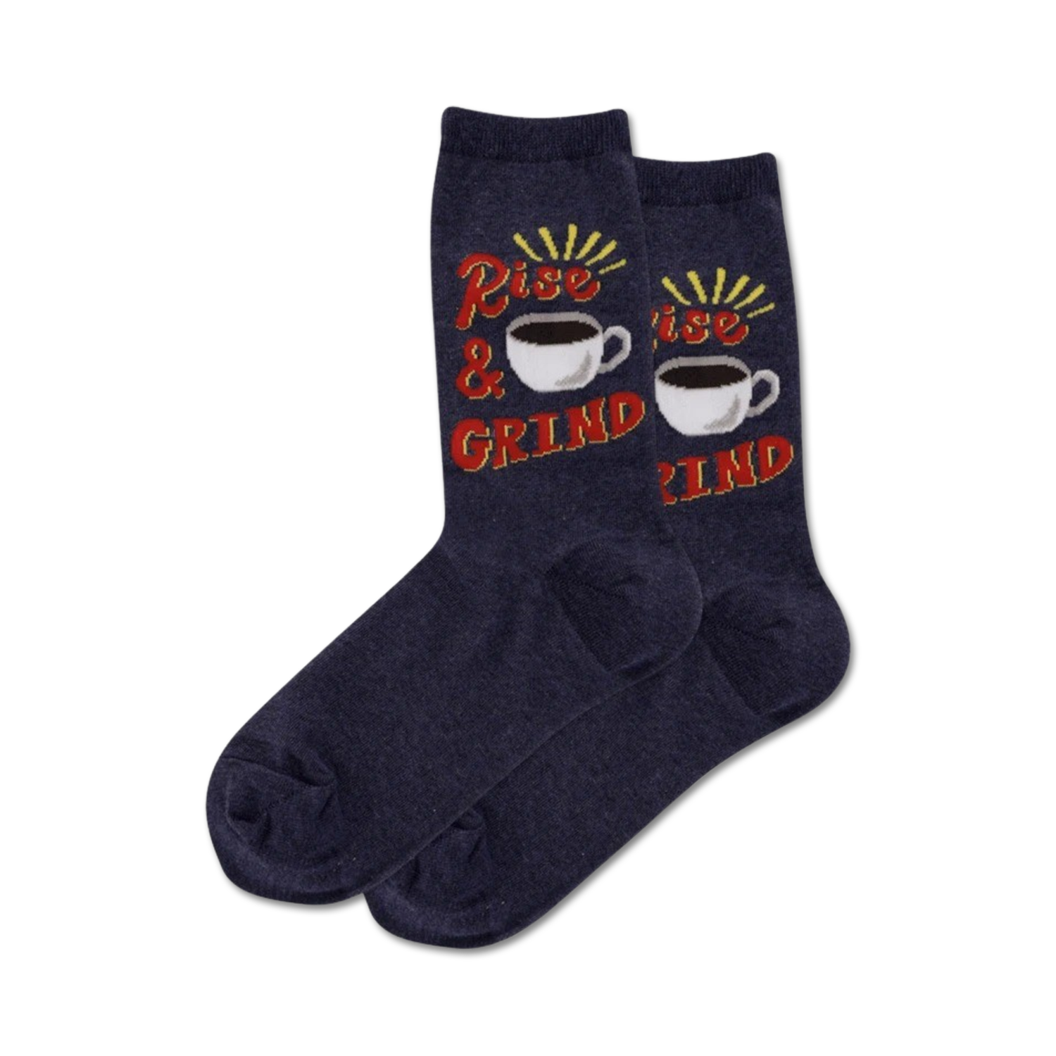 Pair of navy blue crew socks with a red and yellow 'Rise & Grind' design and coffee cup graphic.