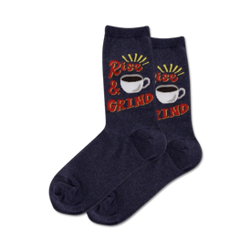 dark blue crew socks for women featuring a pattern of white coffee cups with red "rise and grind" text.   