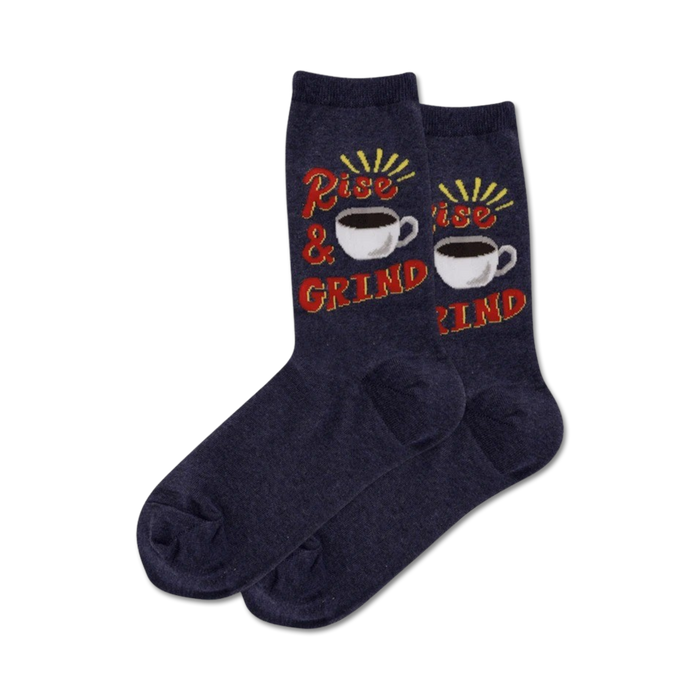 dark blue crew socks for women featuring a pattern of white coffee cups with red 