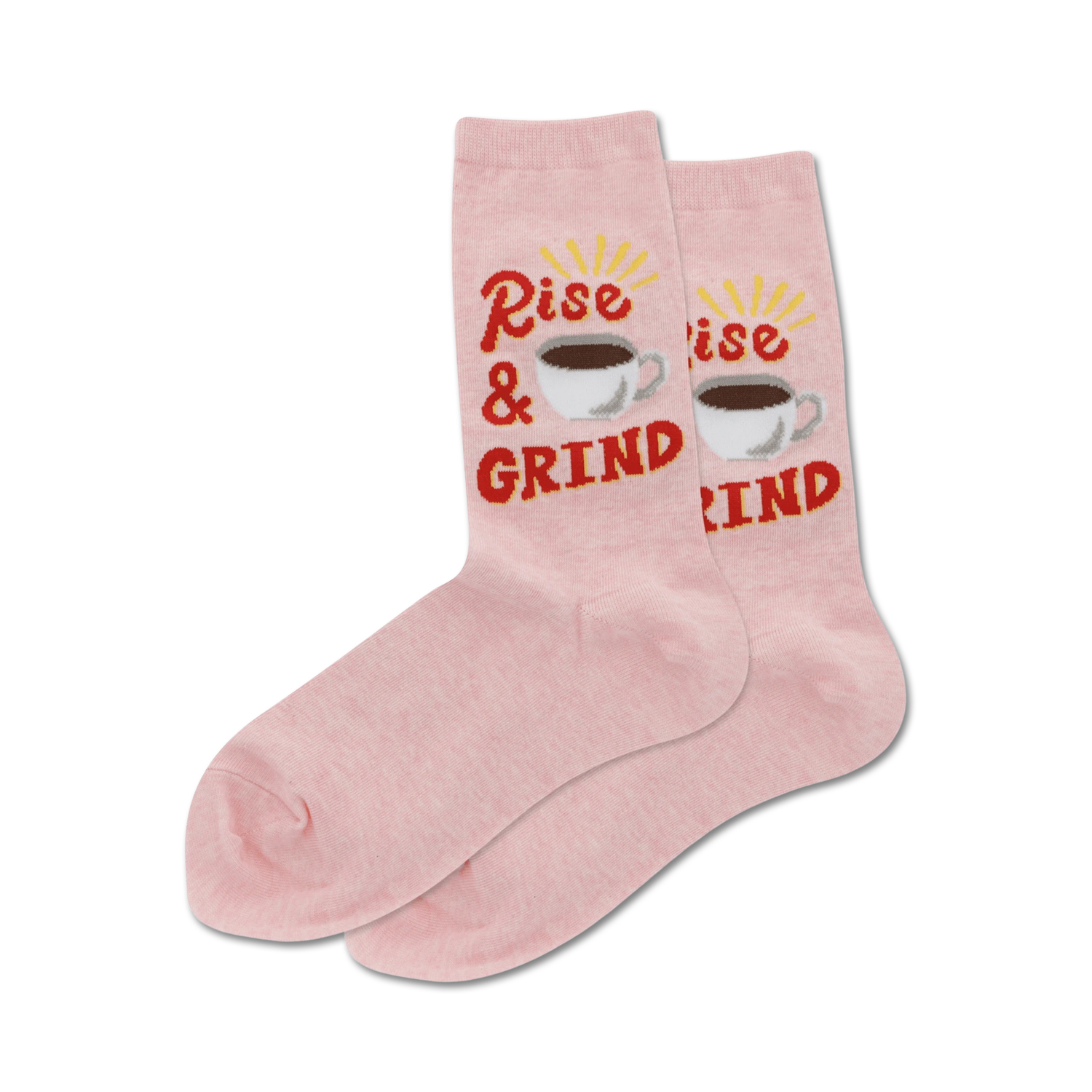 Lifestyle shot of 'Rise & Grind' socks on a person's feet; pink socks shown