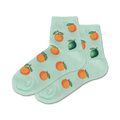 Pair of mint green ankle socks featuring a pattern of oranges and limes. Fun, fruity design!