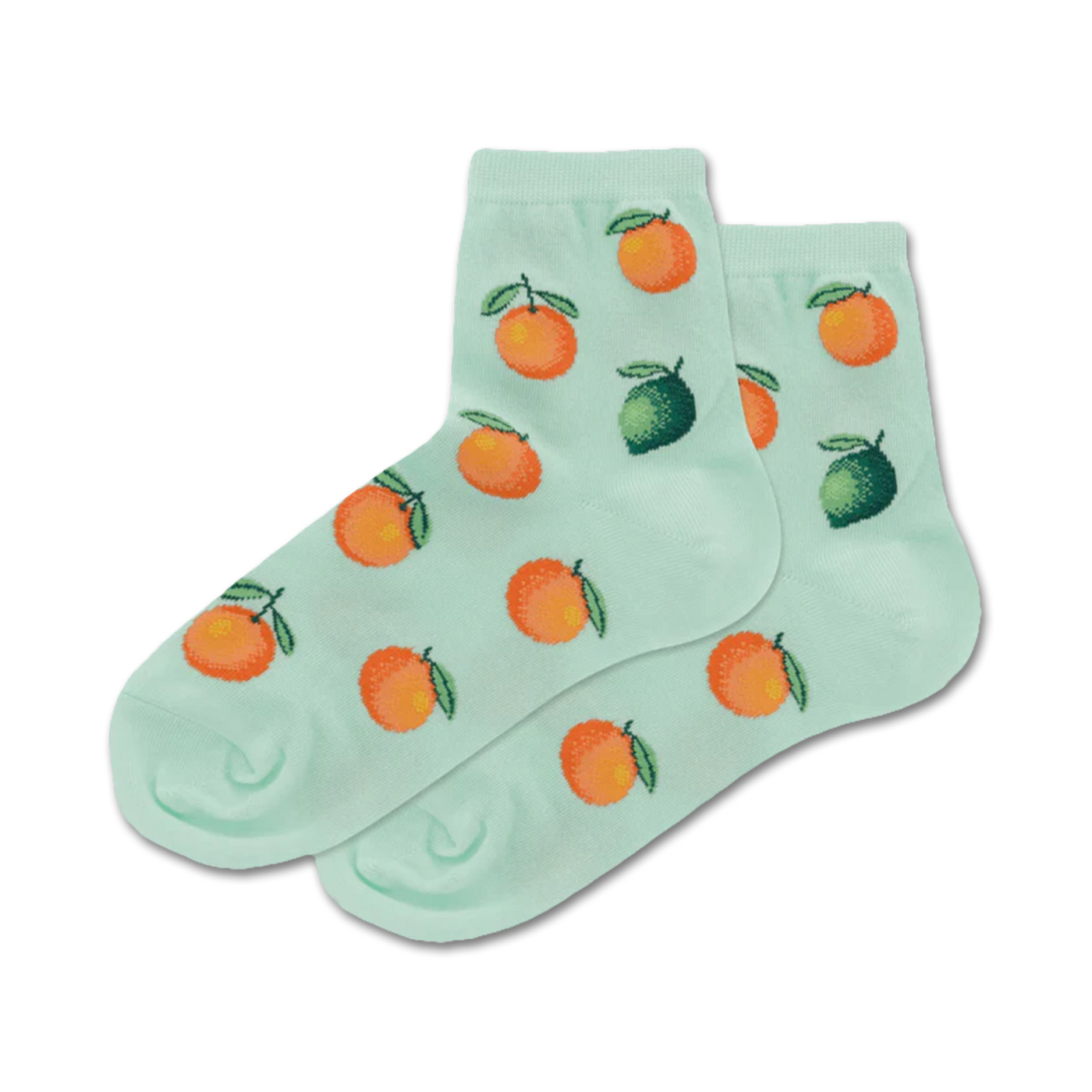 Pair of mint green ankle socks featuring a pattern of oranges and limes. Fun, fruity design!