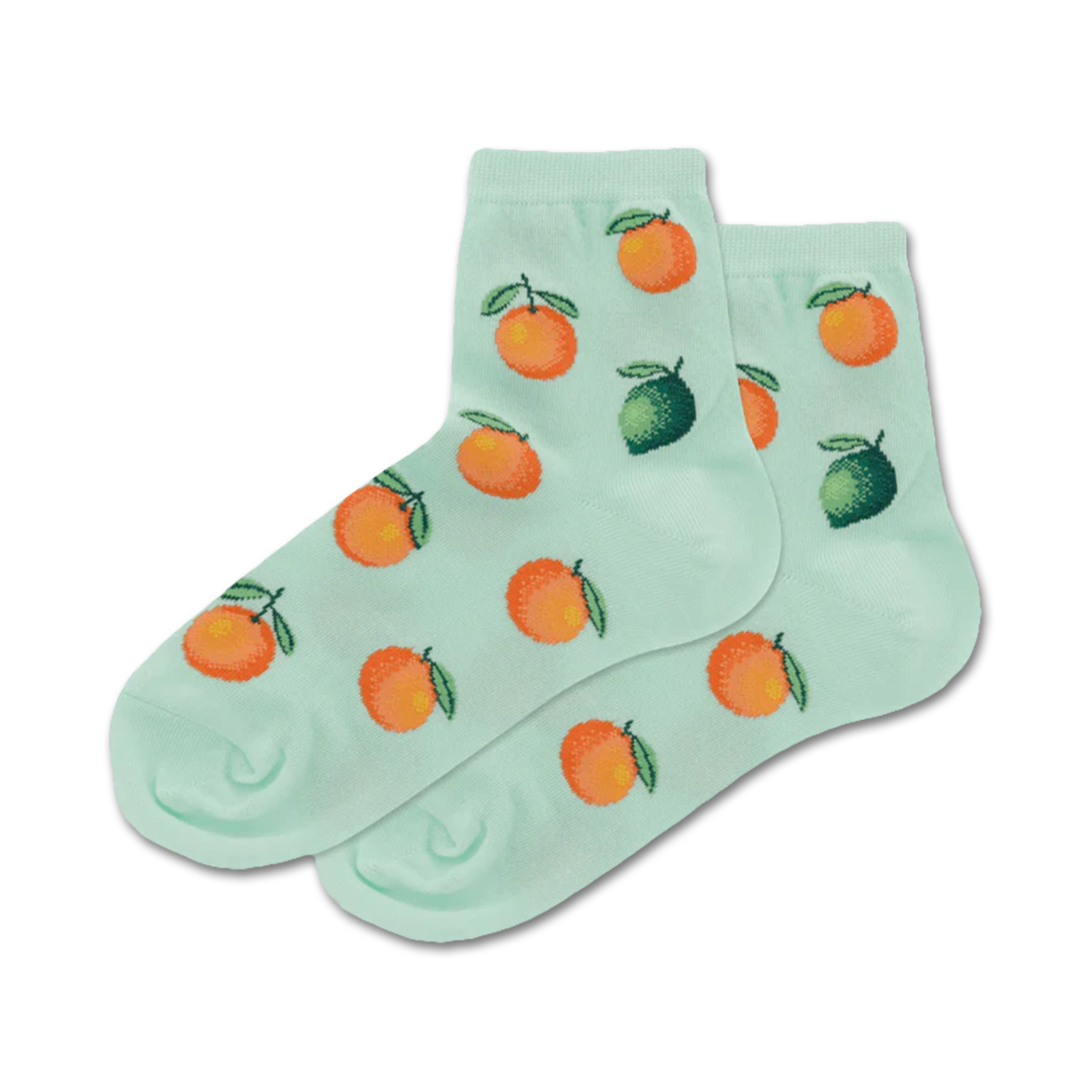 Pair of mint green ankle socks featuring a pattern of oranges and limes. Fun, fruity design!