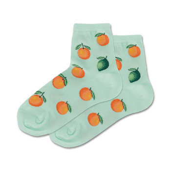  ankle socks for women with a pattern of oranges and green limes on a light green background.  
