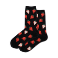 Pair of black crew socks with a repeating pattern of red and white strawberries.