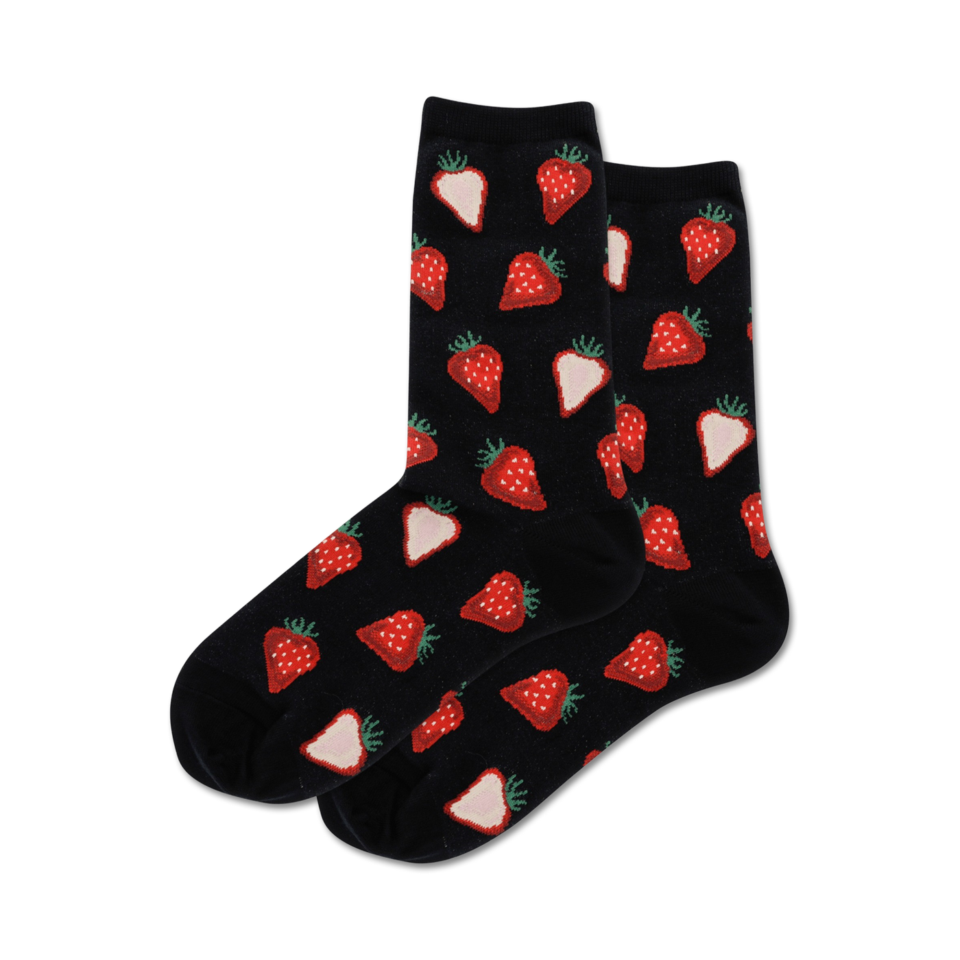 Pair of black crew socks with a repeating pattern of red and white strawberries.