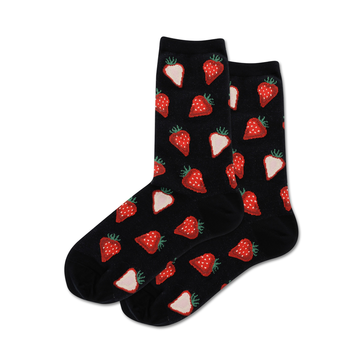Pair of black crew socks with a repeating pattern of red and white strawberries.