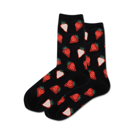 strawberry slices food & drink themed womens black novelty crew socks