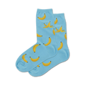 Pair of light blue crew socks with a whimsical pattern of yellow bananas and banana peels.