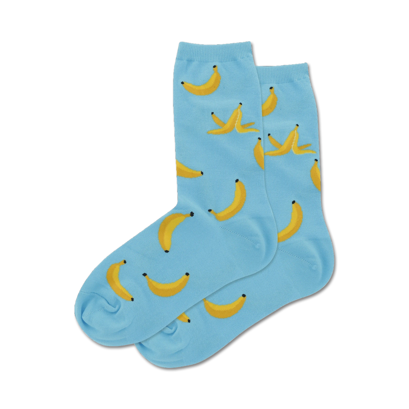 Pair of light blue crew socks with a whimsical pattern of yellow bananas and banana peels.