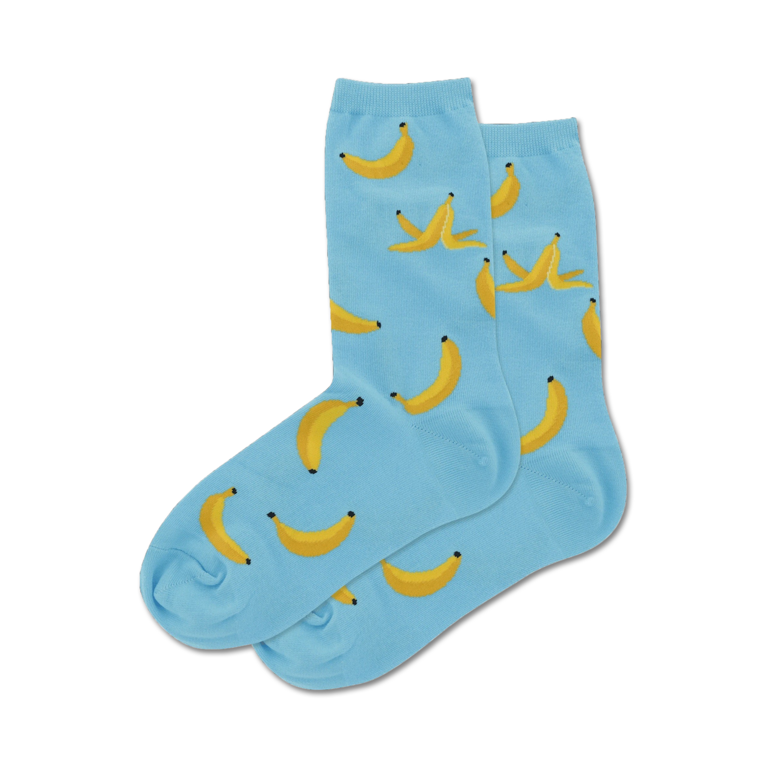 Pair of light blue crew socks with a whimsical pattern of yellow bananas and banana peels.