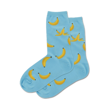 crew length women's socks in blue with a pattern of yellow bananas and banana peels.  