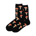 Pair of crew socks in black with a repeating pattern of red and white mushrooms and a small snail. 