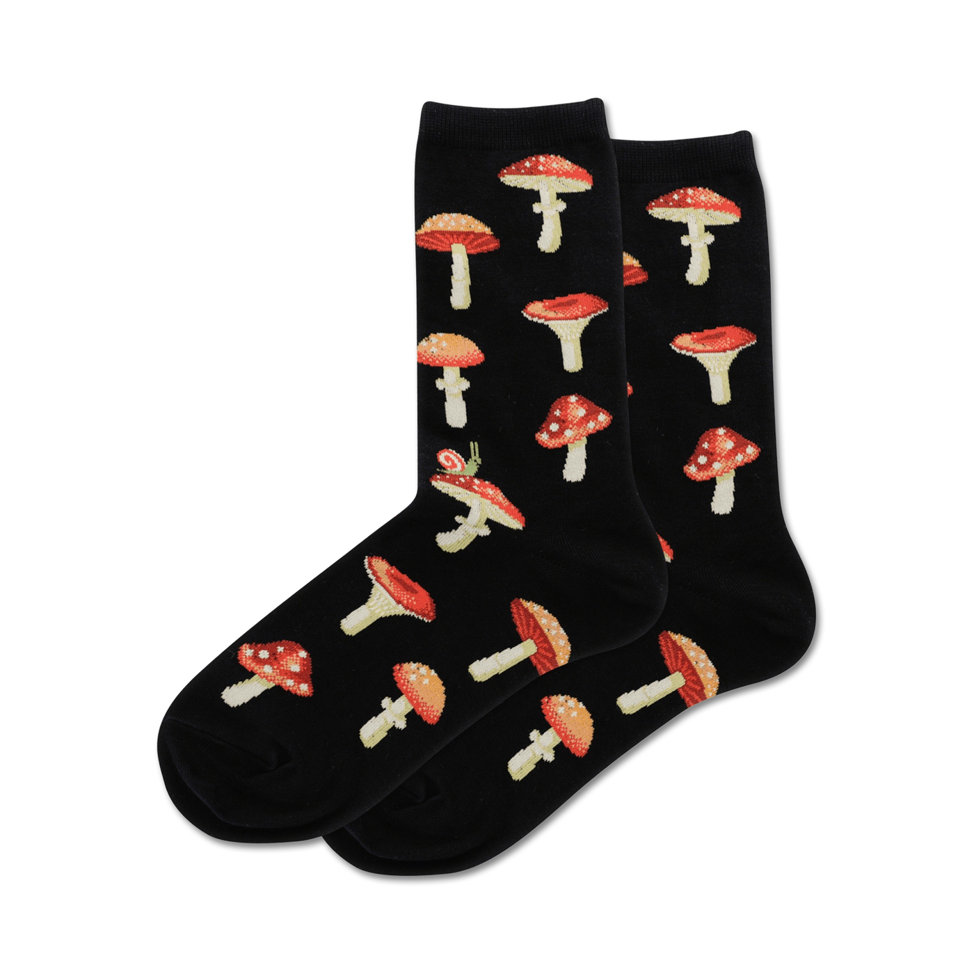 Pair of crew socks in black with a repeating pattern of red and white mushrooms and a small snail. 