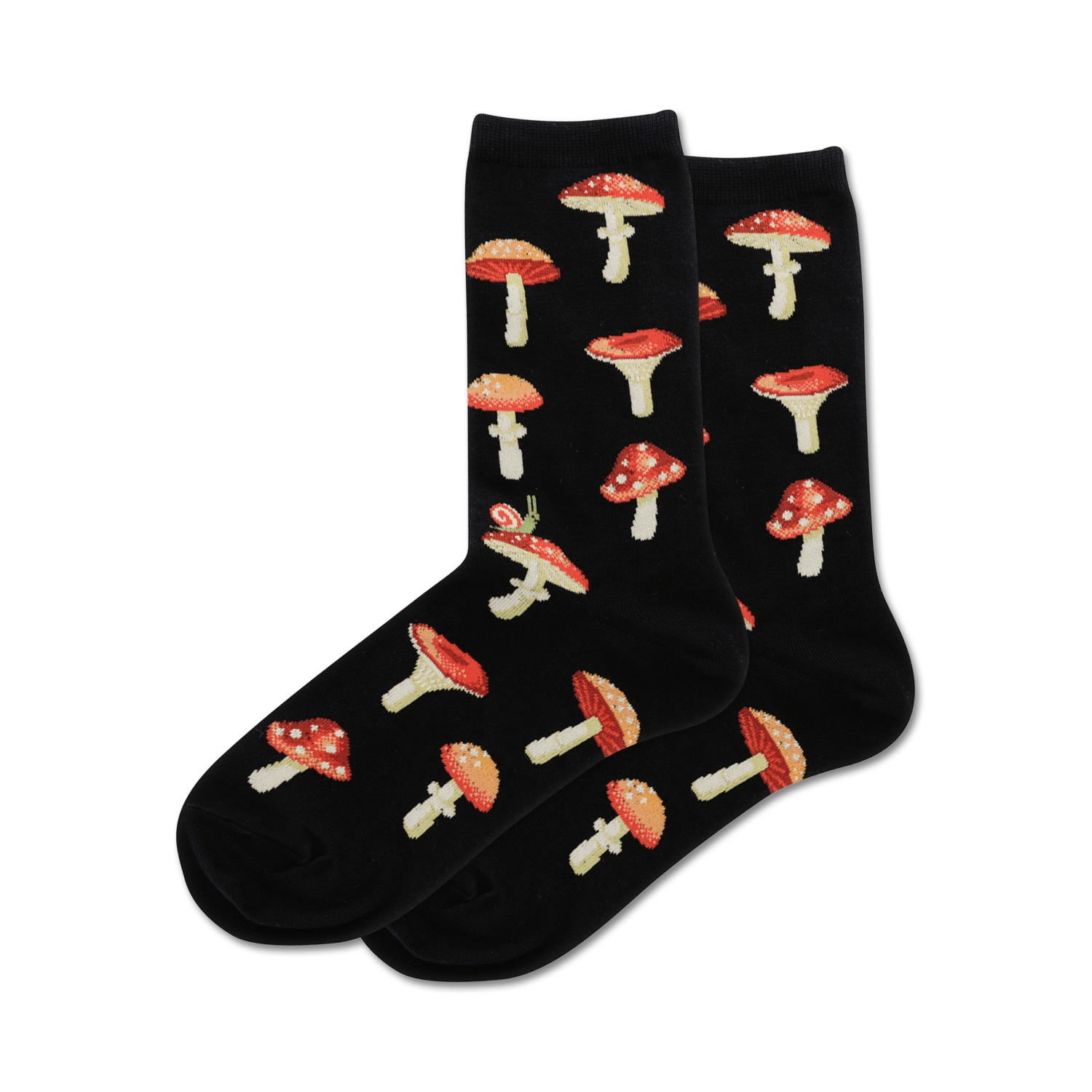 Pair of crew socks in black with a repeating pattern of red and white mushrooms and a small snail. 