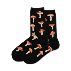 black crew socks with allover red mushroom with white spot pattern and one smiling snail   