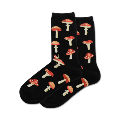 black crew socks with allover red mushroom with white spot pattern and one smiling snail   