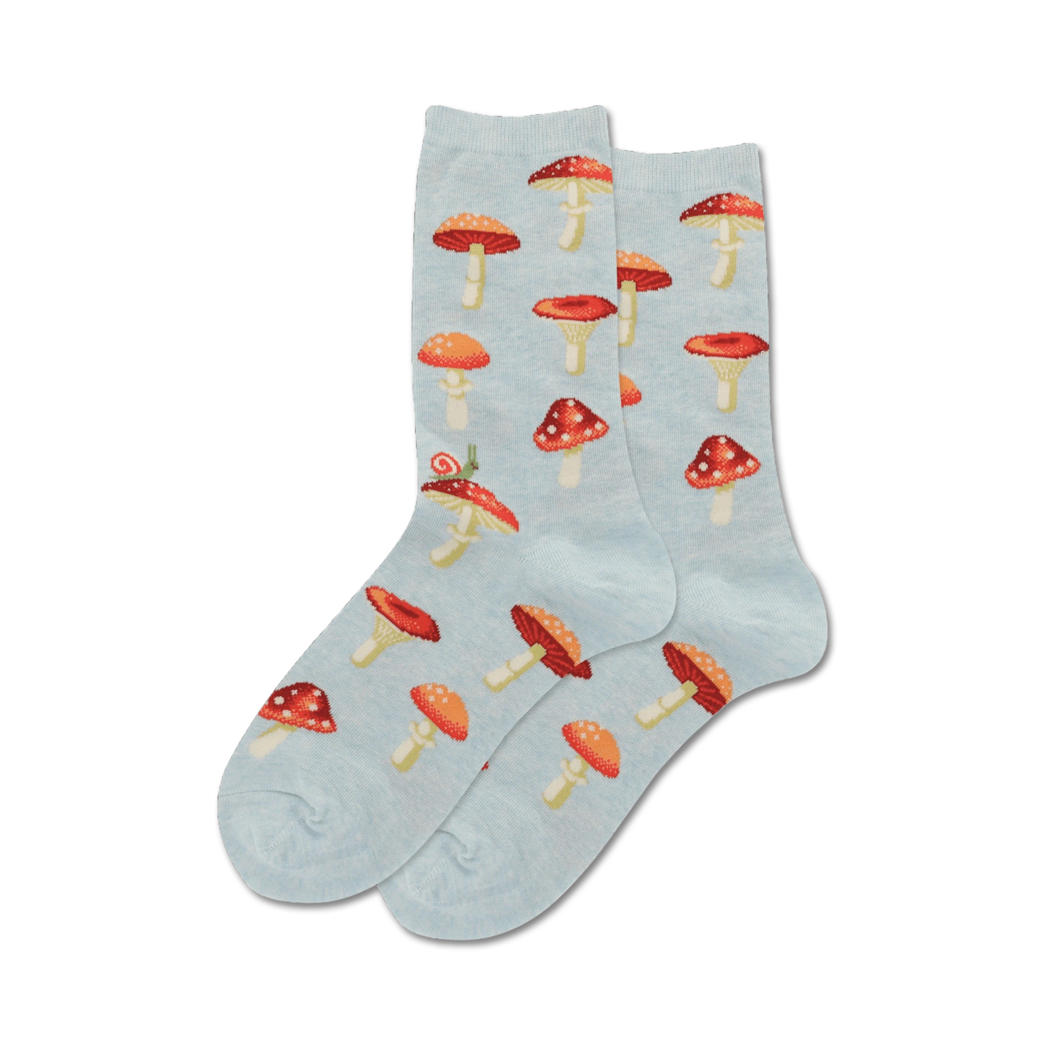 Lifestyle shot showing the light blue mushroom socks on a person's feet. 