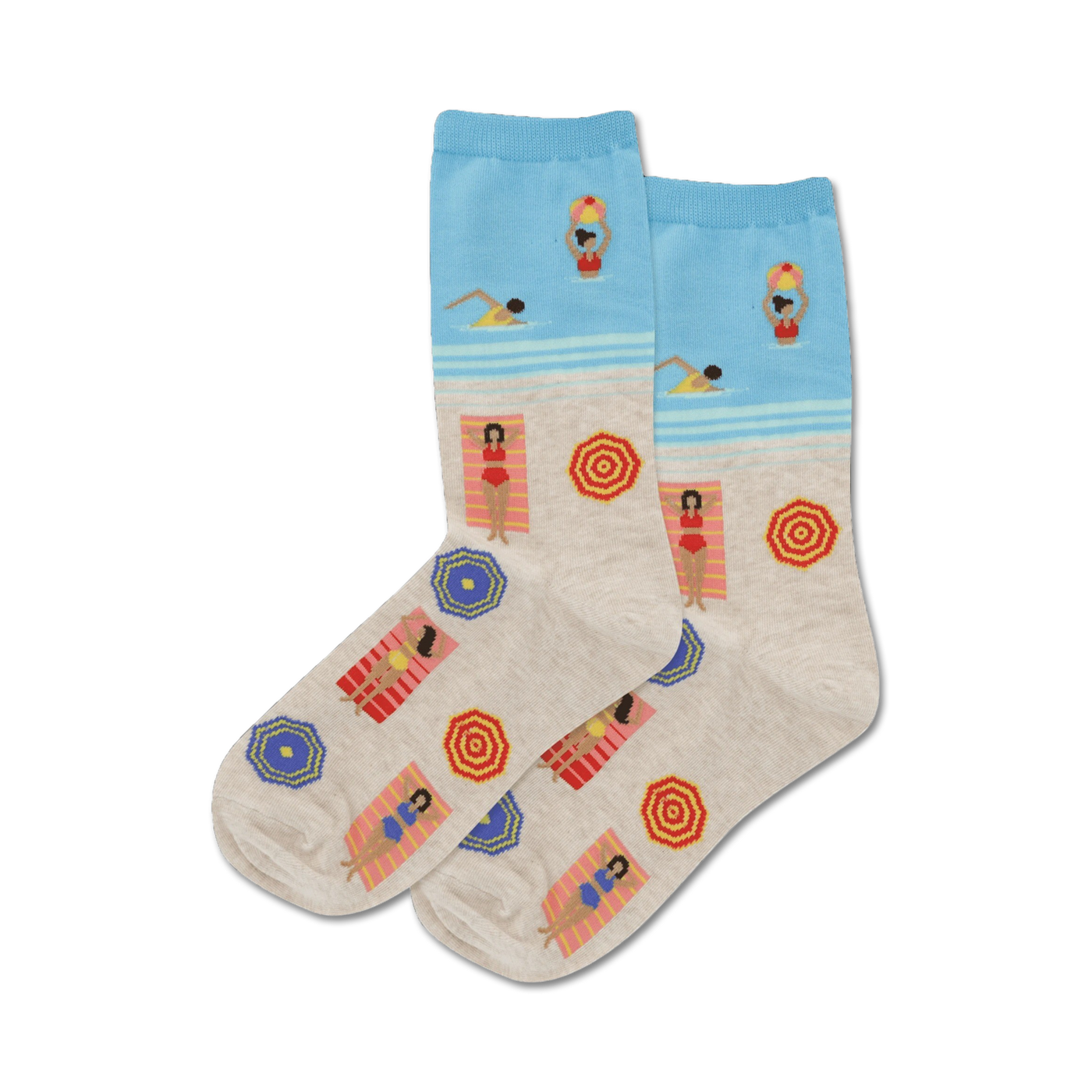 Pair of cream crew socks with a beach theme. Light blue tops show swimmers. The socks feature sunbathers, beach umbrellas, and red, blue, and yellow accents.