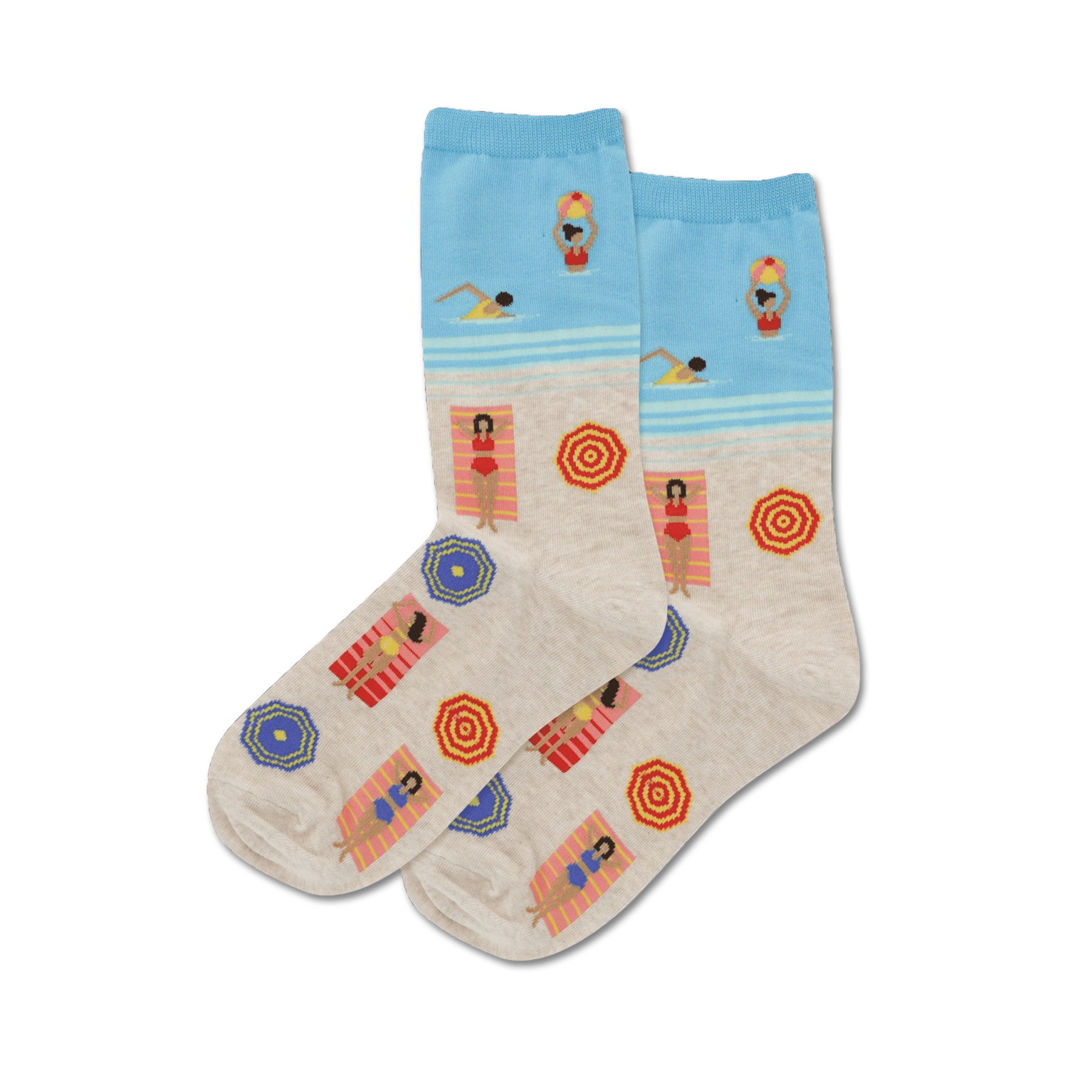 Pair of cream crew socks with a beach theme. Light blue tops show swimmers. The socks feature sunbathers, beach umbrellas, and red, blue, and yellow accents.