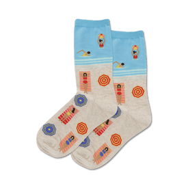 blue and light gray crew socks with pattern of women in swimsuits; summer theme.  