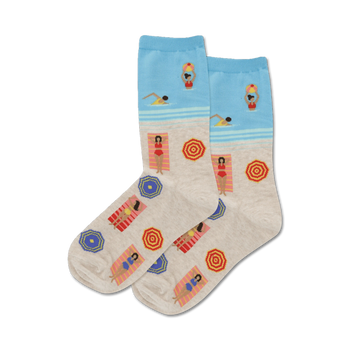 blue and light gray crew socks with pattern of women in swimsuits; summer theme.  
