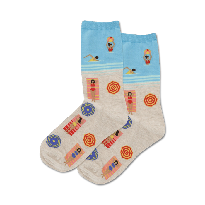 blue and light gray crew socks with pattern of women in swimsuits; summer theme.   }}