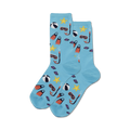 Pair of light blue crew socks with a fun summer design.  Features beach balls, starfish, snorkeling masks, and fins.